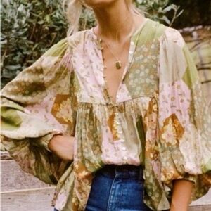Spell Green and Pink Floral Blouse